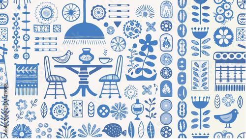A whimsical blue and white illustration featuring dining scene and decorative floral elements scattered around silhouette