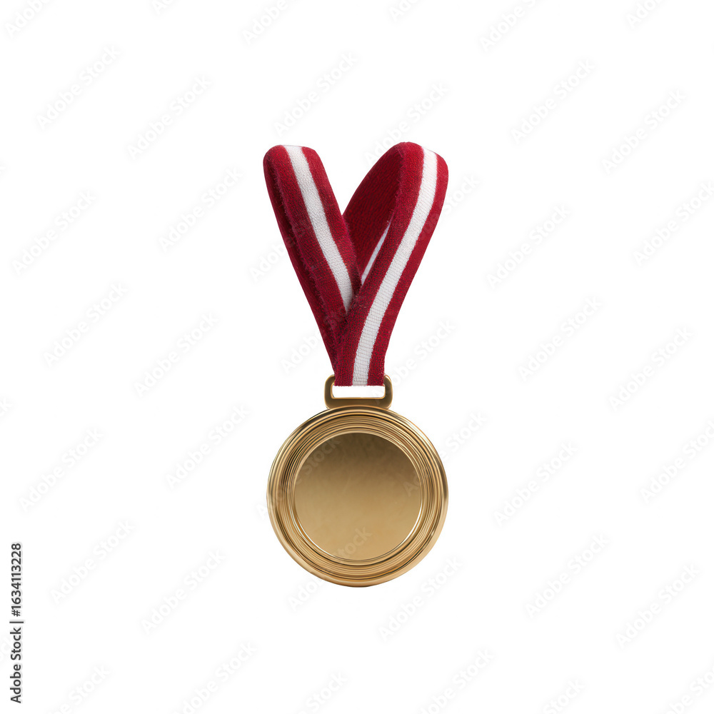 Gold medal with a red and white ribbon, symbolizing achievement and victory in competitions. Ideal for sports-related themes and awards. Gold medal with a red and white ribbon, symbolizing achievement and victory in competitions. Ideal for sports-related themes and awards.