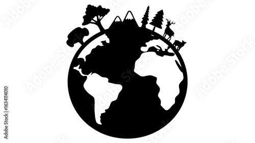 Silhouette of earth with trees mountains and animals on top depicting a nature themed global concept | editable eps vectors