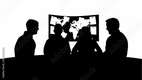 Silhouette of four people in a meeting room with a world map and sticky notes on the wall behind them | editable eps vectors