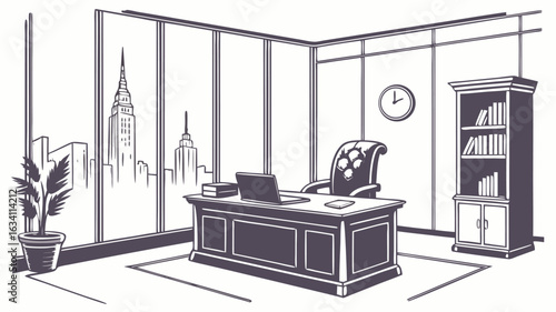 Illustration of an office interior with a desk chair bookcase and a large window showing a city view | editable eps vectors silhouette