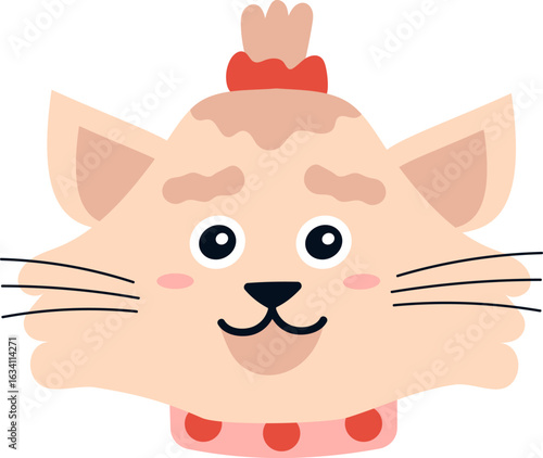 Adorable cartoon cat with a red bow on its head and a matching collar, smiling and looking forward, conveying a sense of joy and playfulness