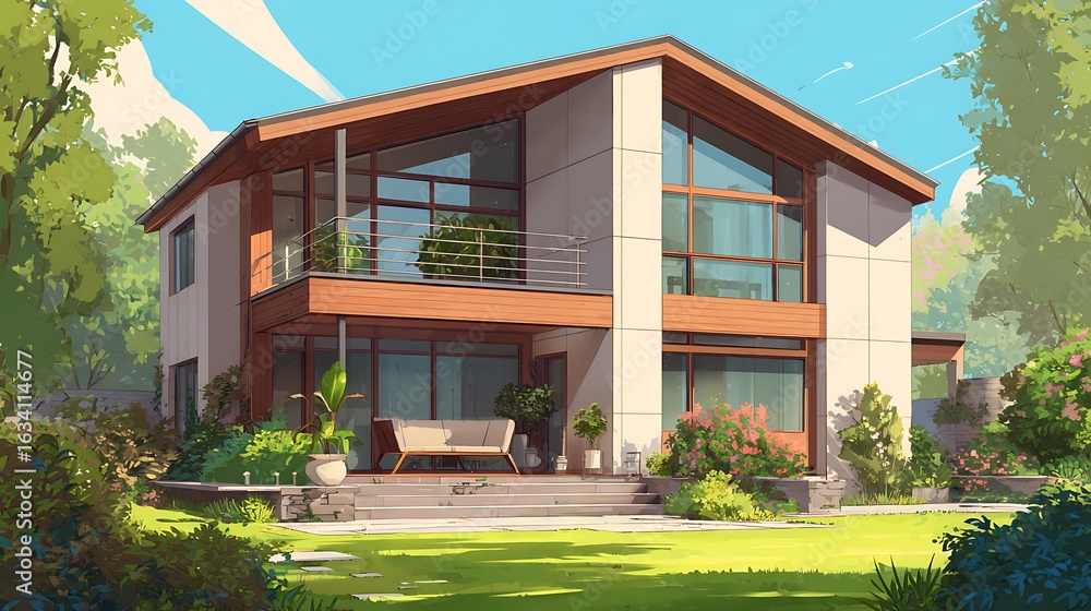 Fototapeta premium Modern House with Lawn and Garden on Sunny Day