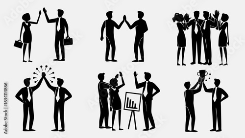 Silhouette illustrations of business people high fiving celebrating success and teamwork in various scenarios | editable eps vectors