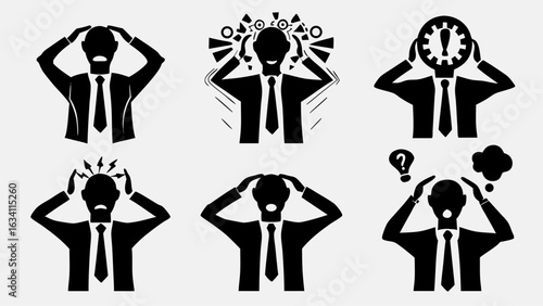 Illustrations showing stressed businessmen with hands on head and different stress related icons around them | editable eps vectors silhouette