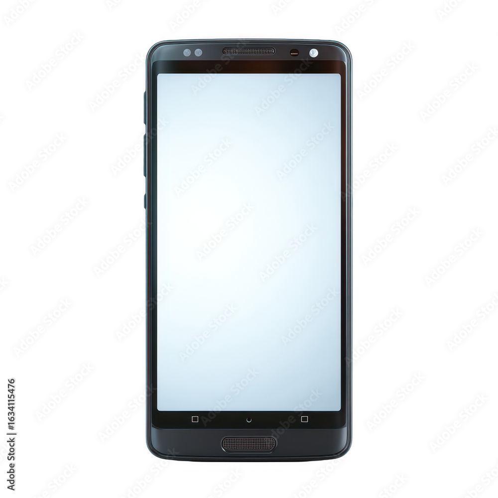 Modern smartphone with a large touchscreen and sleek design, showcasing a blank screen, perfect for app or interface display on a white isolated background.