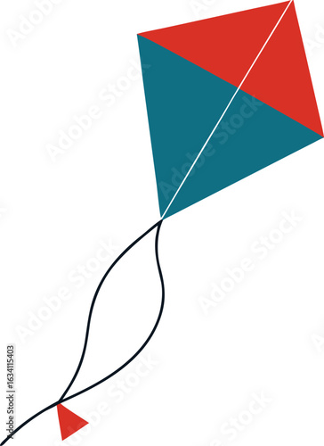 A vibrant kite with a red and blue tail flying high in the sky.