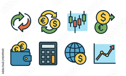 Currency exchange and financial icons set with calculator and growth chart in flat style