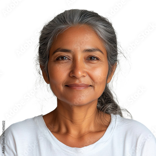 Front view close up of an extremely beautiful 65-year-old woman from Bangladesh in a white t-shirt smiling isolated on a white transparent background.