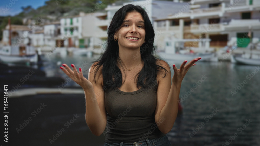 Woman lifts bare hands to camera in front of white mediterranean waterfront building at sunny day; uncertainty. Woman lifts bare hands to camera in front of white mediterranean waterfront building at sunny day; uncertainty.