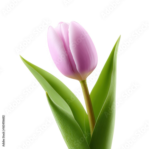 Single pink tulip flower with vibrant green leaves, isolated on a white background. Perfect for spring-themed decorations and floral designs.