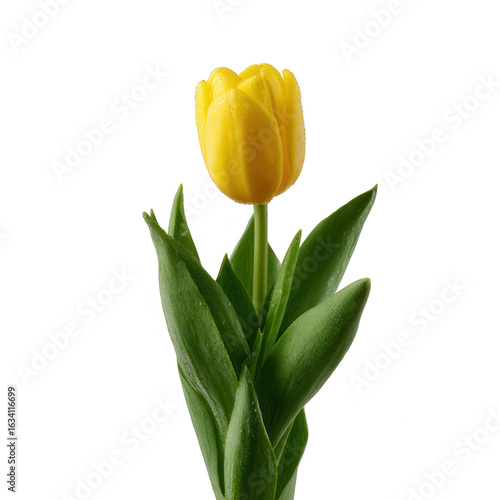 Single yellow tulip flower with fresh green leaves, elegantly displayed on a white isolated background.