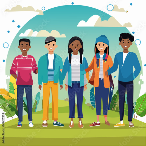A flat vector illustration of multicultural teenagers celebrating International Youth Day. The group includes young people of different ethnicities standing together with symbols of creativity, innova