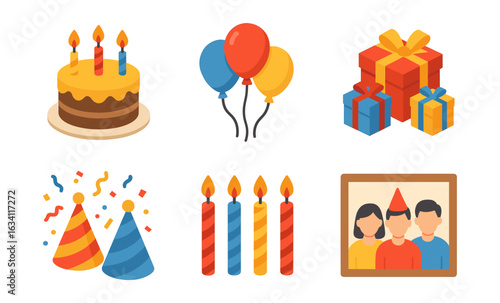 Colorful birthday celebration elements with cake, balloons, gifts, and candles