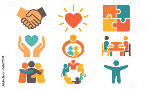 Community and teamwork icons in colorful flat design
