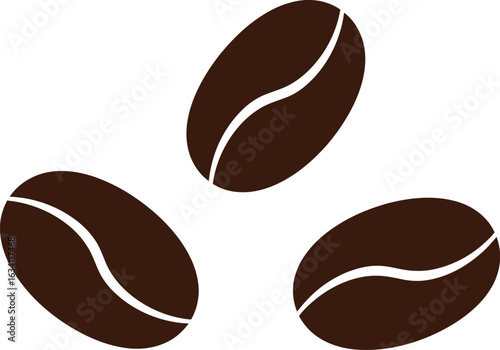 Three coffee beans arranged on a white background, each bean showing a characteristic central groove design