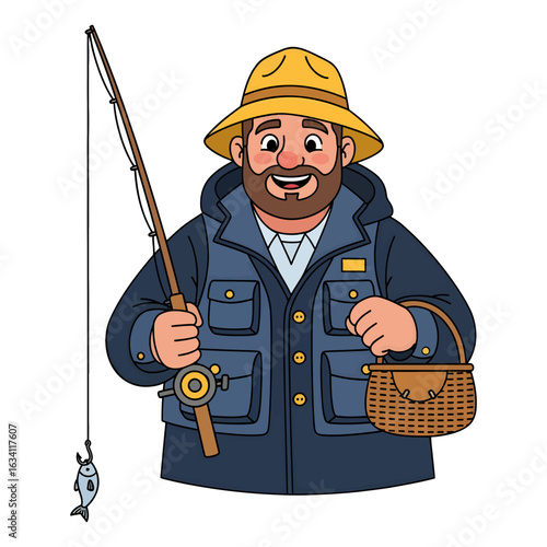 A cheerful cartoon fisherman with a beard, holding a fishing rod with a caught fish and a wicker creel. An illustration representing outdoor hobbies and recreation.