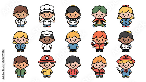 Diverse cute cartoon characters representing various professions doctors chefs firefighters and more adorable people working together illustration