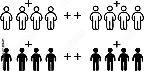 Illustration showing groups of stick figures with plus signs and addition symbols in a grid pattern | editable eps vectors
