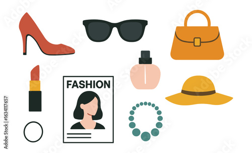 Chic fashion accessories collection on gradient background with modern flat design elements