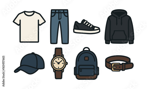Casual clothing and accessories in simple outline style for everyday fashion