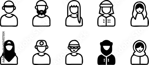 Collection of diverse people icons featuring various head coverings and cultural attire in simple black lines | editable eps vectors