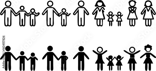 Illustration showing stick figure families including parents and children in various arrangements and poses | editable eps vectors