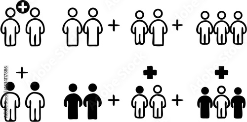 Illustration showing addition of people groups with varying fill colors and group sizes in black and white | editable eps vectors