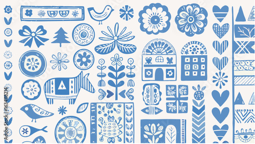 A collection of blue folk art illustrations featuring flowers, birds, houses, and other decorative elements silhouette