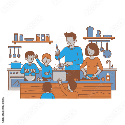 A bustling Indonesian kitchen: Dad stirs the pot, Mom chops, and the kids joyfully join the culinary chaos. Family cooking magic!