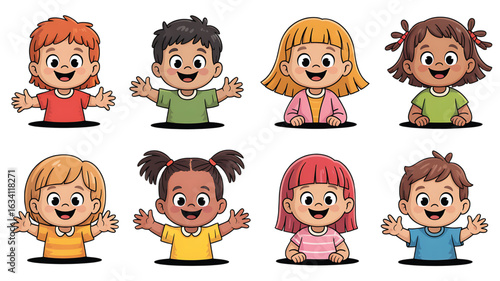 Diverse group of cheerful cartoon children with open arms illustration for educational materials and playful designs promoting inclusivity and multiculturalism