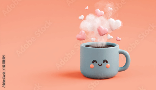 Steaming Coffee Mug with Smiling Face and Floating Hearts Romantic Beverage Delight on Coral Pink Background