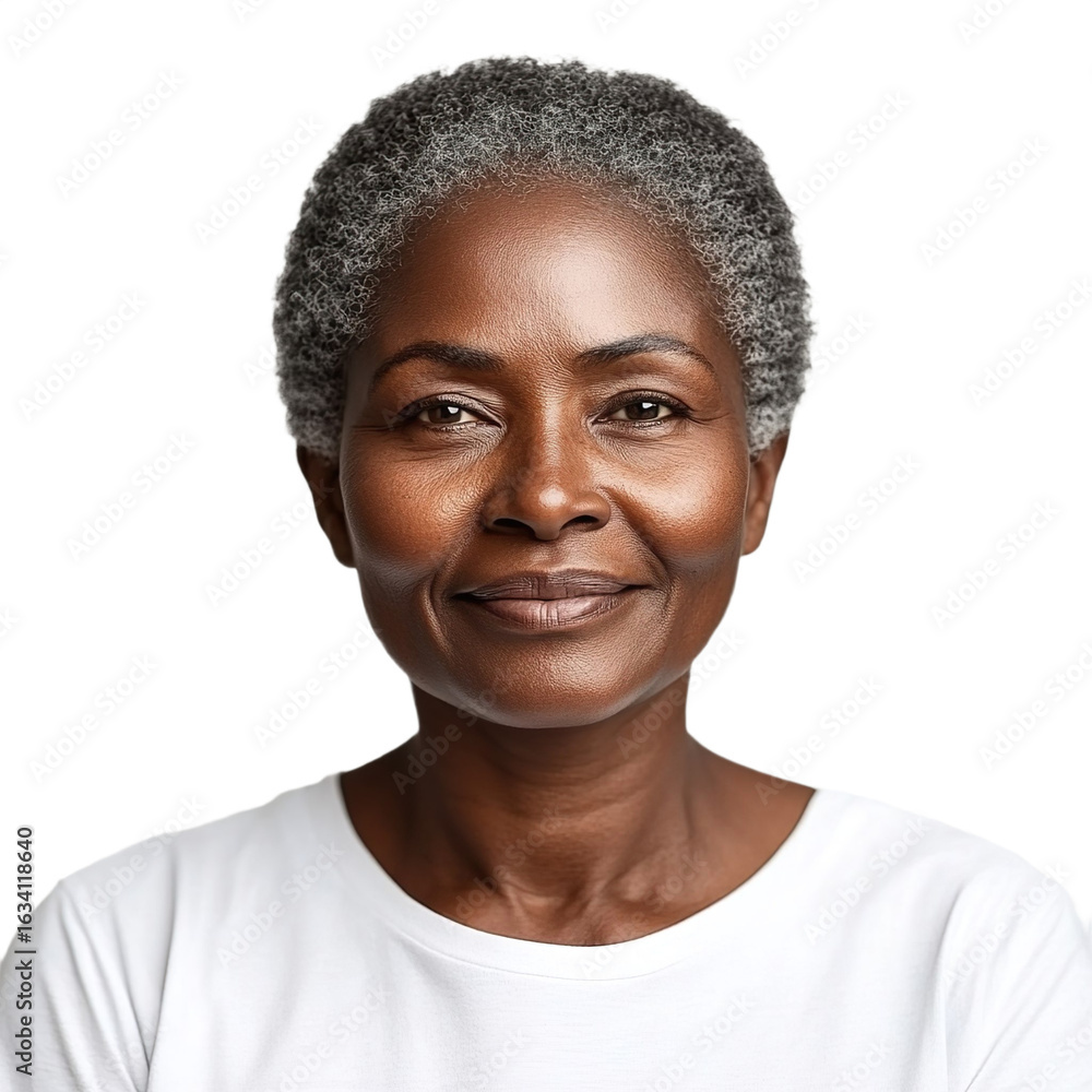 Obraz premium Front view close up of an extremely beautiful 65-year-old woman from Ghana in a white t-shirt smiling isolated on a white transparent background.