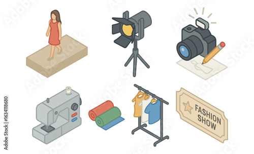 Fashion show elements isometric set with sewing machine, camera, model, lighting, and clothing rack