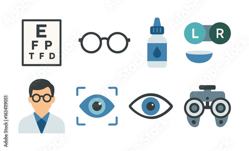 Optometry icons: glasses, doctor, eye chart, contact lenses, eye drops