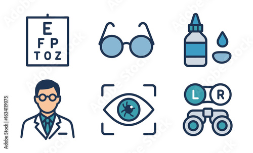 Ophthalmology icons: eye exam, vision correction, and eyewear symbols