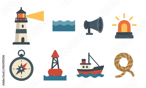 Nautical themed icons: lighthouse, ships, compass, buoy, rope, marine signal, flat design