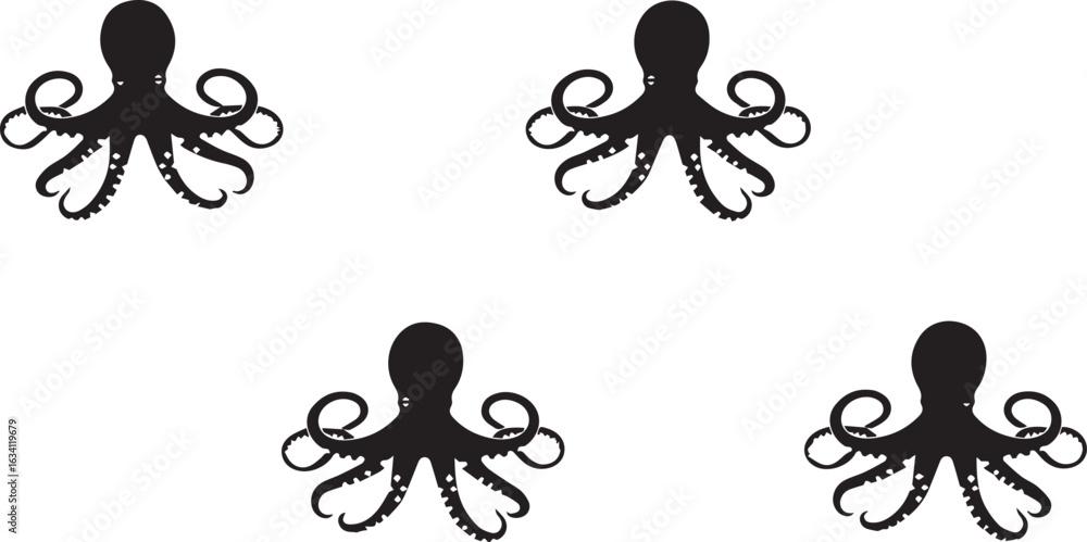 Fototapeta premium Five Octopus Silhouettes Arranged on White Background Marine Life Vector cephalopod ocean