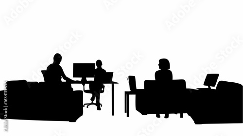 Silhouette of three people working on computers in a modern office or coworking space environment setting | editable eps vectors