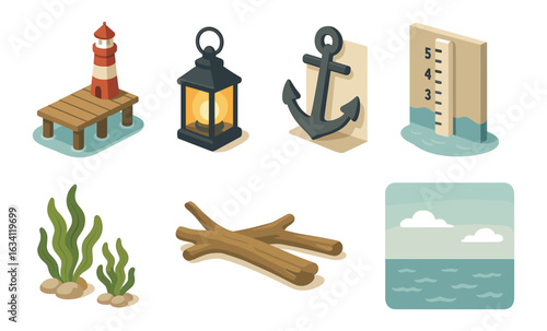 Coastal elements in isometric nautical design: wharf, lantern, anchor, sea level gauge, seaweed, driftwood, ocean view
