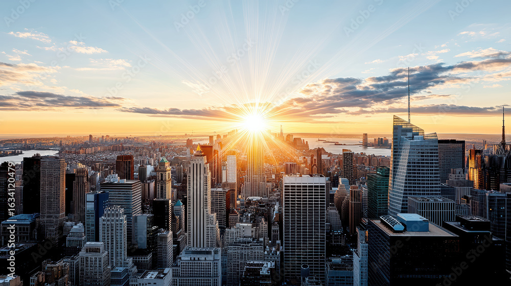 Fototapeta premium Stunning city skyline at sunset with vibrant rays illuminating buildings and horizon