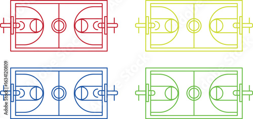 A collage of four basketball court outlines in red yellow blue and green on a white background vector art