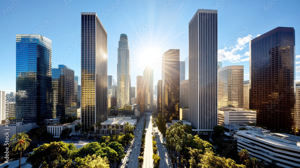 Obraz premium Stunning downtown skyline with high rise buildings glowing under sunlight