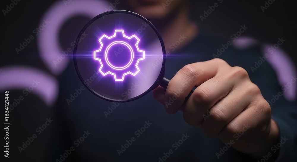 Fototapeta premium Businessman holding a magnifying glass over a glowing purple gear. Technology settings concept.