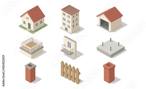 Isometric building elements set featuring houses, garage, chimney, fence, and foundation
