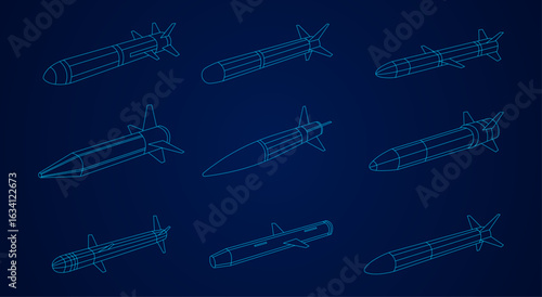A drawing of many different types of missiles. The drawing is black and white. The idea of the drawing is to show the variety of missiles that exist. Isometric view. 3D