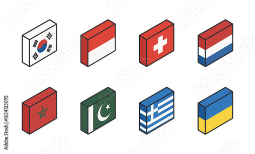 Set of isometric flags of various countries on gray background