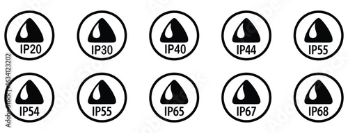 Professional IP rating icons for water and dust protection, essential for product design and safety certifications.