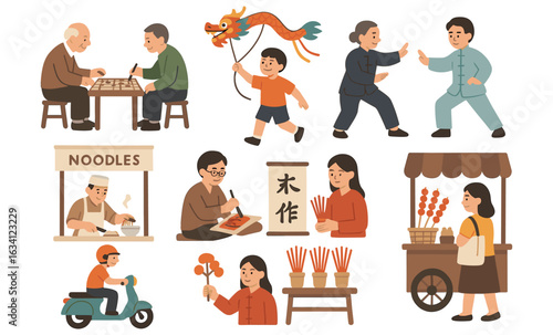 Traditional activities and celebrations in vibrant flat style