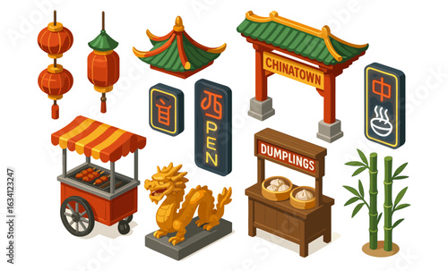 Colorful chinatown icon set with traditional asian elements and architecture
